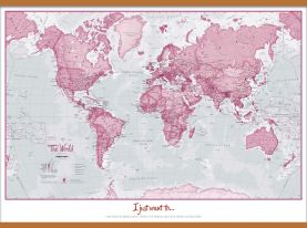 Large Personalised World Is Art - Wall Map Pink (Wooden hanging bars)