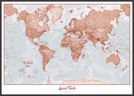 Large Personalised World Is Art - Wall Map Red (Wood Frame - Black)