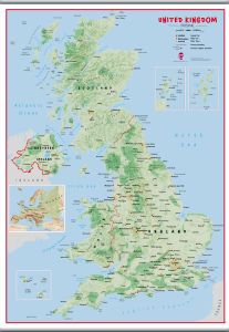 Large Primary UK Wall Map Physical (Rolled Canvas with Hanging Bars)