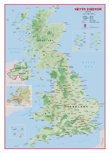 Large Primary UK Wall Map Physical (Wood Frame - White)