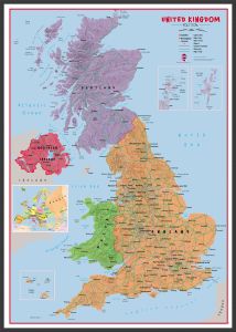 Large Primary UK Wall Map Political (Wood Frame - Black)
