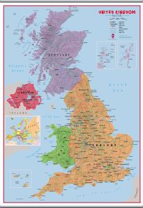 Large Primary UK Wall Map Political (Rolled Canvas with Hanging Bars)