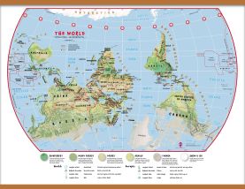 Large Primary Upside Down World Wall Map Environmental (Wooden hanging bars)