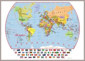 Large Primary World Wall Map Political with flags (Pinboard & framed - Silver)