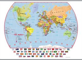 Large Primary World Wall Map Political with flags (Hanging bars)