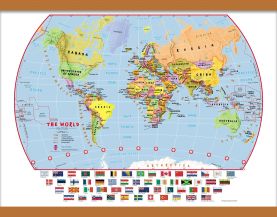 Small Primary World Wall Map Political with flags (Wooden hanging bars)