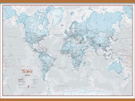 Large The World Is Art - Wall Map Aqua (Rolled Canvas with Wooden Hanging Bars)