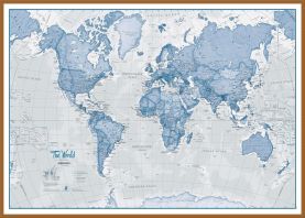 Large The World Is Art - Wall Map Blue (Wood Frame - Teak)