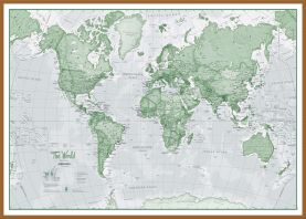 Large The World Is Art - Wall Map Green (Wood Frame - Teak)
