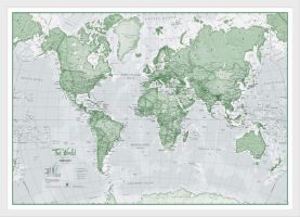 Small The World Is Art - Wall Map Green (Wood Frame - White)
