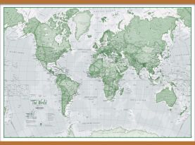 Large The World Is Art - Wall Map Green (Rolled Canvas with Wooden Hanging Bars)