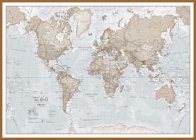 Large The World Is Art - Wall Map Neutral (Wood Frame - Teak)