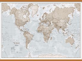 Huge The World Is Art - Wall Map Neutral (Wooden hanging bars)