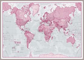 Large The World Is Art - Wall Map Pink (Pinboard & framed - Silver)
