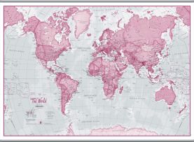 Large The World Is Art - Wall Map Pink (Rolled Canvas with Hanging Bars)