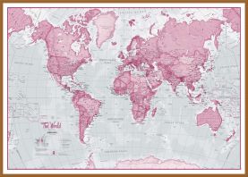 Large The World Is Art - Wall Map Pink (Wood Frame - Teak)