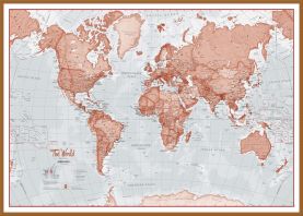 Large The World Is Art - Wall Map Red (Wood Frame - Teak)