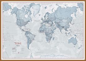 Large The World Is Art - Wall Map Teal (Wood Frame - Teak)
