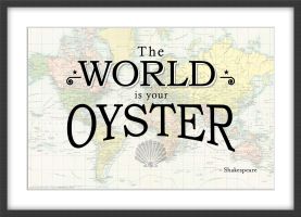 Travel Quote Map Print 'The World is your oyster...' (Wood Frame - Black)