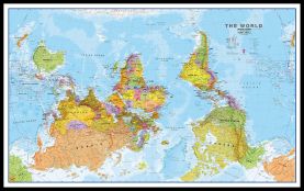 Large Upside Down World Wall Map Political (Pinboard & framed - Black)