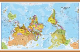 Large Upside Down World Wall Map Political (Rolled Canvas with Wooden Hanging Bars)