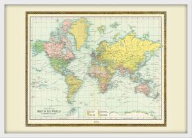 Small Vintage Bartholomew Political World Map 1914 (Wood Frame - White)