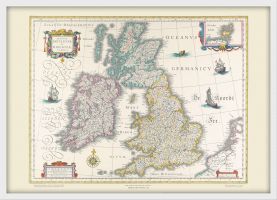 Small Vintage British Isles World Map Willem and Johan Blaeu 17th Century (Wood Frame - White)