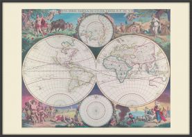 Large Vintage Double Hemisphere World Map 1689 (Wood Frame - Black)