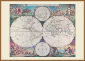Large Vintage Double Hemisphere World Map 1689 (Wood Frame - Teak)