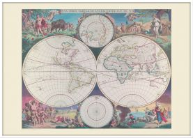 Large Vintage Double Hemisphere World Map 1689 (Wood Frame - White)