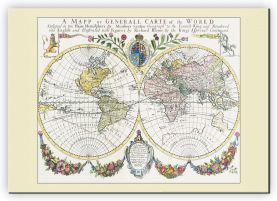 Extra Small Vintage French Double Hemisphere World Map c1700 (Canvas)