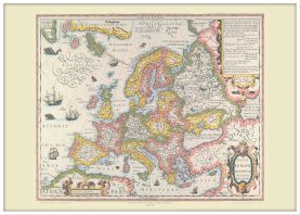 Large Vintage Gerard Mercator Europe Map 1606 (Wood Frame - White)