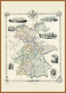 Large Vintage John Tallis Map of Germany 1851 (Wood Frame - Teak)