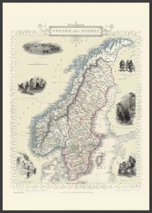Large Vintage John Tallis Map of Sweden and Norway 1851 (Wood Frame - Black)