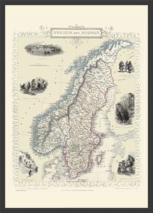 Small Vintage John Tallis Map of Sweden and Norway 1851 (Wood Frame - Black)