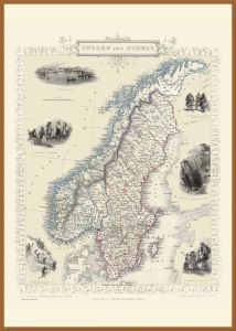 Large Vintage John Tallis Map of Sweden and Norway 1851 (Wood Frame - Teak)