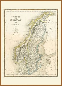 Large Vintage John Tallis Map of Sweden and Norway 1852 (Wood Frame - Teak)