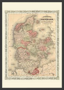 Small Vintage Johnsons Map of Denmark (Wood Frame - Black)