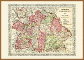 Large Vintage Johnsons Map of Germany No 3 (Wood Frame - Teak)