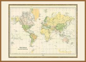 Large Vintage Mercators Projection World Map 1858 (Wood Frame - Teak)
