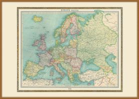 Large Vintage Political Europe Map 1922 (Wood Frame - Teak)