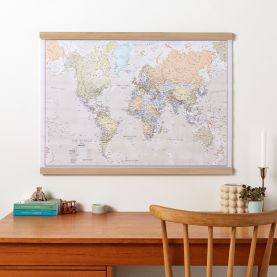 Medium Classic World Map (Rolled Canvas with Wooden Hanging Bars)