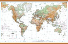 Large World Wall Map Physical White Ocean (Rolled Canvas with Wooden Hanging Bars)