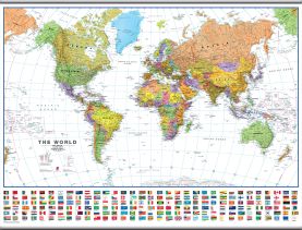 Large World Wall Map Political with flags White Ocean (Rolled Canvas with Hanging Bars)