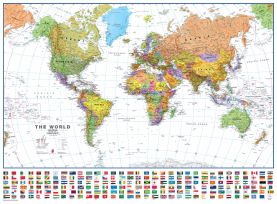 Large World Wall Map Political with flags White Ocean (Paper)