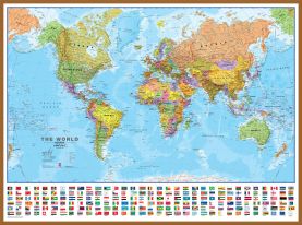 Large World Wall Map Political with flags (Wood Frame - Teak)