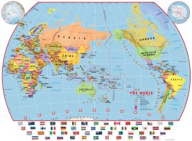 Primary Pacific Centred World Wall Map Political with flags