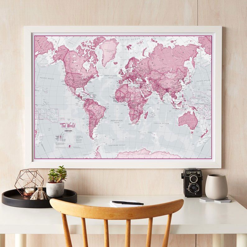 Medium The World Is Art - Wall Map Pink (Wood Frame - White)