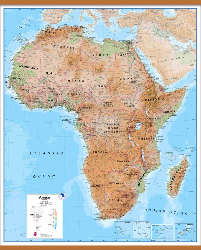 Huge Africa Wall Map Physical (Wooden hanging bars)