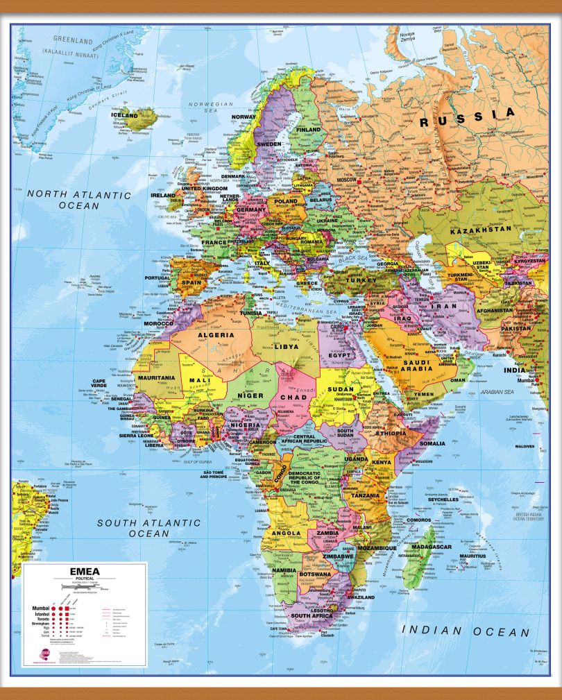 Europe Middle East Africa (EMEA) Political Map (Wooden hanging bars)